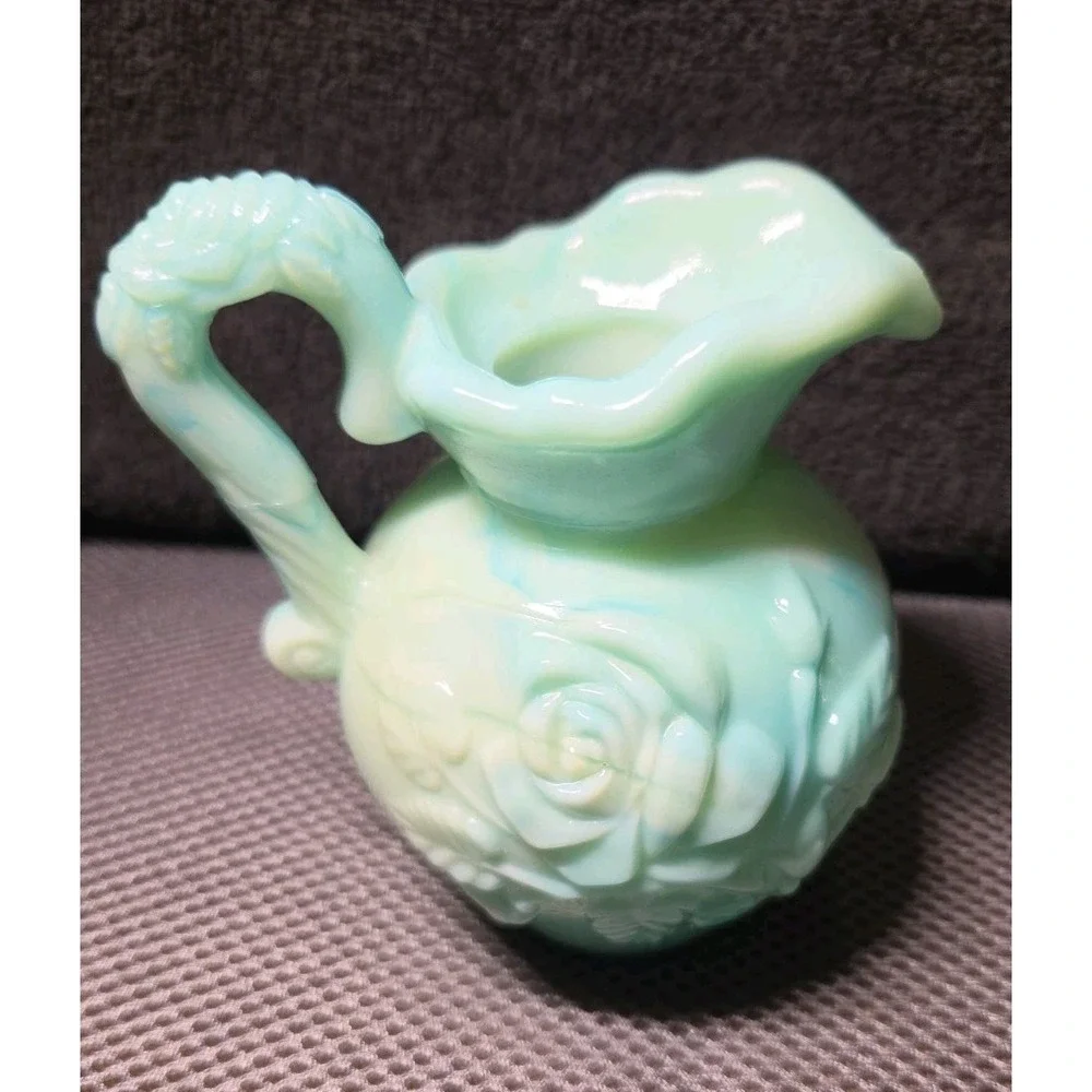 Vintage Avon Jadeite Green Swirl Milk Glass Rose Mini Bowl and Pitcher Set 1976